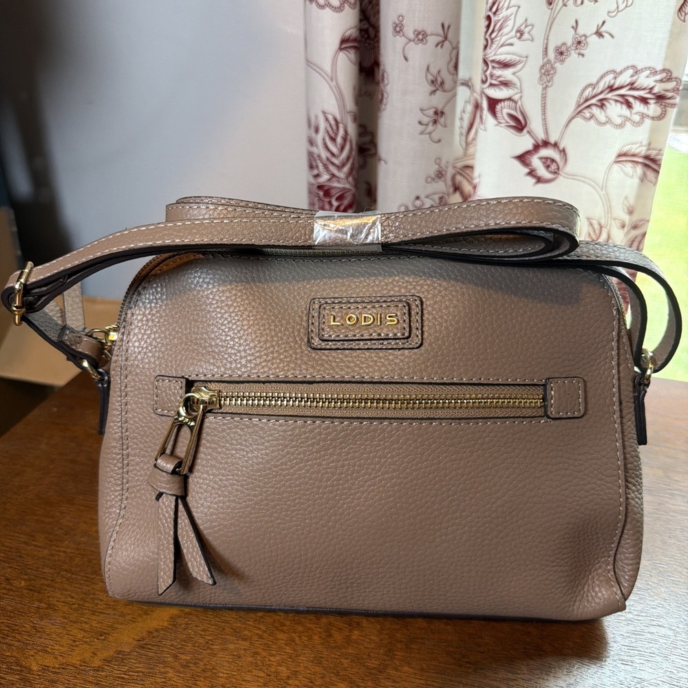 NWOT LODIS Charlotte Pebbled Leather Taupe Brown Crossbody Bag Floral Lining